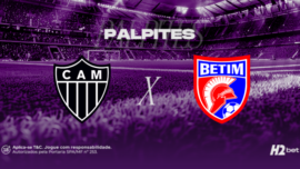 Banner de palpites de futebol para o jogo Atlético Mineiro x Betim. A imagem exibe os escudos dos times, o título Palpites e a logo da casa de apostas H2bet sobre um fundo de estádio roxo.