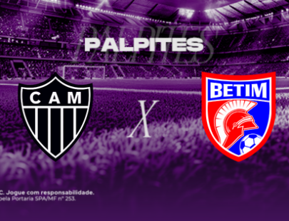 Banner de palpites de futebol para o jogo Atlético Mineiro x Betim. A imagem exibe os escudos dos times, o título Palpites e a logo da casa de apostas H2bet sobre um fundo de estádio roxo.