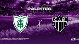 "Banner de palpites para o clássico América-MG x Atlético Mineiro. A imagem exibe os escudos do Coelho e do Galo lado a lado, o título Palpites e a logo da H2bet em um fundo roxo.