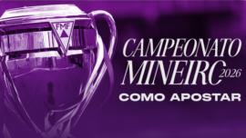 Taça oficial do Campeonato Mineiro 2026 com logo da FMF em destaque sobre fundo roxo e texto Como Apostar.