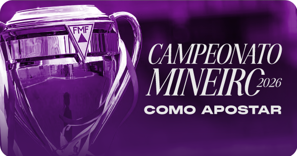 Taça oficial do Campeonato Mineiro 2026 com logo da FMF em destaque sobre fundo roxo e texto Como Apostar.