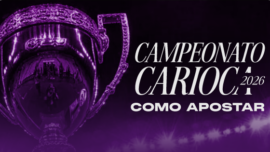 Banner ilustrativo do guia de como apostar no Campeonato Carioca 2026. A imagem destaca a taça do torneio em tons de roxo e o título 'Campeonato Carioca 2026 - Como Apostar' em tipografia branca.