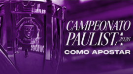 Taça oficial do Campeonato Paulista 2026 em destaque sobre fundo roxo com o texto Como Apostar.