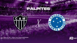 Palpites Atlético-MG x Cruzeiro pelo Campeonato Mineiro. Banner de apostas esportivas da H2bet para o Clássico Mineiro, exibindo os escudos das equipes em confronto, com destaque para odds e palpites do jogo.