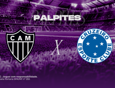 Palpites Atlético-MG x Cruzeiro pelo Campeonato Mineiro. Banner de apostas esportivas da H2bet para o Clássico Mineiro, exibindo os escudos das equipes em confronto, com destaque para odds e palpites do jogo.