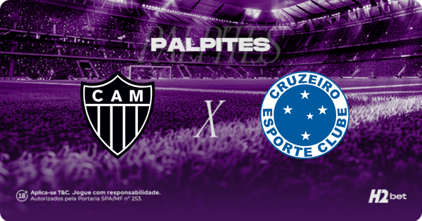 Palpites Atlético-MG x Cruzeiro pelo Campeonato Mineiro. Banner de apostas esportivas da H2bet para o Clássico Mineiro, exibindo os escudos das equipes em confronto, com destaque para odds e palpites do jogo.