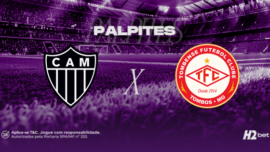 Banner de palpites de futebol para o jogo Atlético Mineiro x Tombense. A imagem exibe os escudos dos times mineiros, o título Palpites e a logo da casa de apostas H2bet sobre um fundo de estádio roxo.