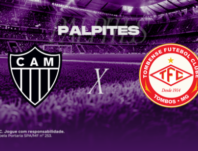 Banner de palpites de futebol para o jogo Atlético Mineiro x Tombense. A imagem exibe os escudos dos times mineiros, o título Palpites e a logo da casa de apostas H2bet sobre um fundo de estádio roxo.