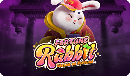 Fortune Rabbit Slot Online. Banner promocional do jogo do coelho da fortuna, destacando o personagem com boné vermelho e logotipo vibrante, focado em entretenimento de cassino e slot games.