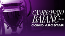 Taça oficial do Campeonato Baiano 2026 em destaque sobre fundo roxo e texto Como Apostar.