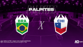 Palpites Final Kings World Cup Nations 2026: Brasil x Chile. Banner de apostas esportivas da H2bet exibindo os escudos das seleções BRA e CHI em confronto direto, com destaque para previsões e odds da decisão do mundial.