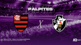 Palpites Flamengo x Vasco pelo Campeonato Carioca. Banner de apostas esportivas da H2bet para o Clássico dos Milhões, exibindo os escudos das equipes, odds e prognósticos para o confronto.