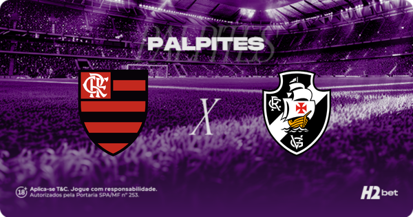Palpites Flamengo x Vasco pelo Campeonato Carioca. Banner de apostas esportivas da H2bet para o Clássico dos Milhões, exibindo os escudos das equipes, odds e prognósticos para o confronto.