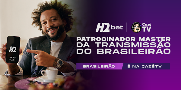 H2bet Patrocinador do Brasileirão na CazéTV. Banner com o jogador Marcelo segurando celular com o app da H2bet, destacando a parceria oficial da casa de apostas na transmissão dos jogos do Campeonato Brasileiro.