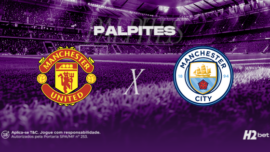 Banner de palpites para o clássico Manchester United x Manchester City. A imagem exibe os escudos dos rivais ingleses, o título Palpites e a logo da casa de apostas H2bet sobre um fundo de estádio roxo.