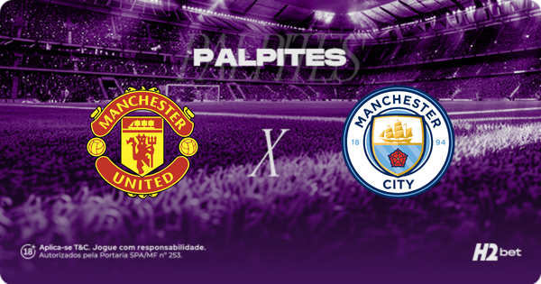 Banner de palpites para o clássico Manchester United x Manchester City. A imagem exibe os escudos dos rivais ingleses, o título Palpites e a logo da casa de apostas H2bet sobre um fundo de estádio roxo.