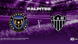 Banner de palpites de futebol para o jogo North Esporte Clube x Atlético Mineiro. A imagem exibe os escudos dos times lado a lado, o título Palpites e a logo da casa de apostas H2bet sobre um fundo de estádio roxo.
