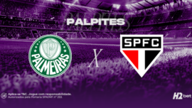 Palpites Palmeiras x São Paulo. Banner de apostas esportivas da H2bet para o clássico Choque-Rei, exibindo os escudos dos times em confronto direto, com foco em dicas e odds de futebol.