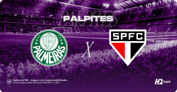 Palpites Palmeiras x São Paulo. Banner de apostas esportivas da H2bet para o clássico Choque-Rei, exibindo os escudos dos times em confronto direto, com foco em dicas e odds de futebol.