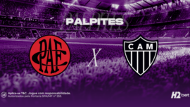 Palpites Pouso Alegre x Atlético-MG pelo Campeonato Mineiro. Banner de apostas esportivas da H2bet exibindo os escudos das equipes em confronto direto, com destaque para previsões e odds do jogo.