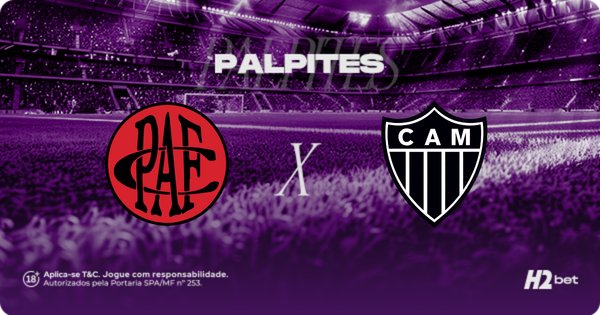 Palpites Pouso Alegre x Atlético-MG pelo Campeonato Mineiro. Banner de apostas esportivas da H2bet exibindo os escudos das equipes em confronto direto, com destaque para previsões e odds do jogo.