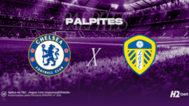 Palpites Chelsea x Leeds United. Banner de apostas esportivas da H2bet exibindo os escudos das equipes em confronto direto, com destaque para previsões e odds de futebol inglês.