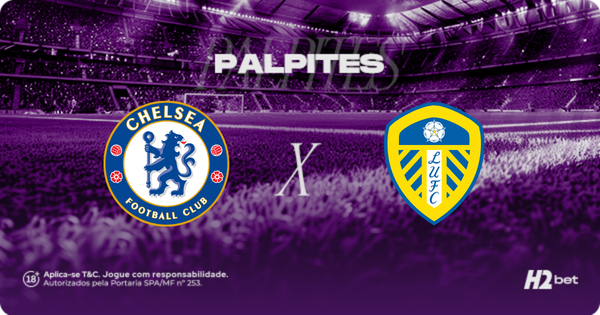 Palpites Chelsea x Leeds United. Banner de apostas esportivas da H2bet exibindo os escudos das equipes em confronto direto, com destaque para previsões e odds de futebol inglês.