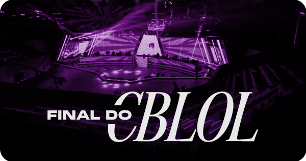 Palco da Final do CBLOL em tons de roxo com destaque para o letreiro "Final do CBLOL" em primeiro plano.