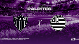 Palpites Atlético-MG x Athletic Club pelo Campeonato Mineiro. Banner de apostas esportivas da H2bet exibindo os escudos das equipes em confronto direto, com destaque para previsões e odds do jogo.