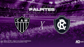 Palpites Atlético-MG x Remo. Banner de apostas esportivas da H2bet exibindo os escudos das equipes em confronto direto, com destaque para previsões e odds do jogo.