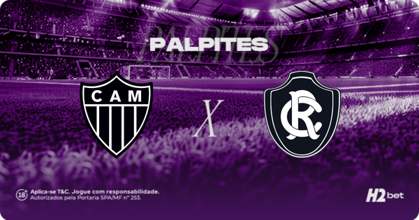 Palpites Atlético-MG x Remo. Banner de apostas esportivas da H2bet exibindo os escudos das equipes em confronto direto, com destaque para previsões e odds do jogo.
