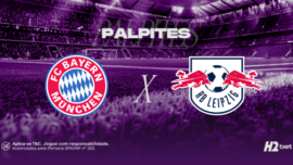 Palpites Bayern de Munique x RB Leipzig. Banner de apostas esportivas da H2bet exibindo os escudos das equipes em confronto direto, com destaque para previsões e odds de futebol alemão.