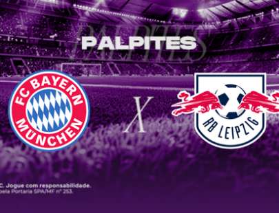Palpites Bayern de Munique x RB Leipzig. Banner de apostas esportivas da H2bet exibindo os escudos das equipes em confronto direto, com destaque para previsões e odds de futebol alemão.