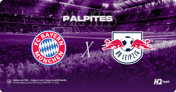 Palpites Bayern de Munique x RB Leipzig. Banner de apostas esportivas da H2bet exibindo os escudos das equipes em confronto direto, com destaque para previsões e odds de futebol alemão.