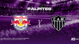 Palpites Bragantino x Atlético-MG. Banner de apostas esportivas da H2bet exibindo os escudos das equipes em confronto direto, com destaque para previsões e odds de futebol.