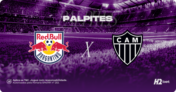 Palpites Bragantino x Atlético-MG. Banner de apostas esportivas da H2bet exibindo os escudos das equipes em confronto direto, com destaque para previsões e odds de futebol.