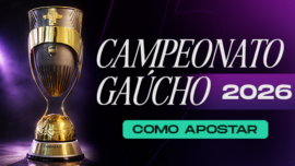 Como Apostar no Campeonato Gaúcho 2026. Banner de guia de apostas esportivas exibindo o troféu oficial do Gauchão em destaque, focado em dicas, odds e prognósticos para o estadual.