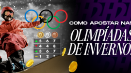 Como Apostar nas Olimpíadas de Inverno. Banner de guia de apostas esportivas exibindo um snowboarder em ação e os anéis olímpicos, com destaque para quadro de medalhas e dicas de prognósticos para os jogos de inverno.