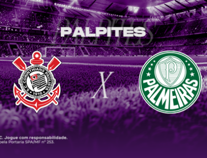 Palpites Corinthians x Palmeiras. Banner de apostas esportivas da H2bet para o Derby Paulista, exibindo os escudos das equipes em confronto direto, com destaque para previsões e odds de futebol.