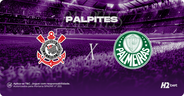 Palpites Corinthians x Palmeiras. Banner de apostas esportivas da H2bet para o Derby Paulista, exibindo os escudos das equipes em confronto direto, com destaque para previsões e odds de futebol.