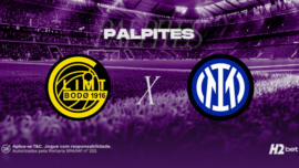 Palpites Bodø/Glimt x Inter de Milão. Banner de apostas esportivas do H2bet exibindo os escudos das equipes em confronto direto, com destaque para previsões e odds de futebol internacional.