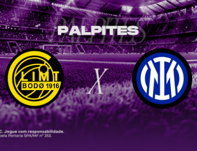 Palpites Bodø/Glimt x Inter de Milão. Banner de apostas esportivas do H2bet exibindo os escudos das equipes em confronto direto, com destaque para previsões e odds de futebol internacional.
