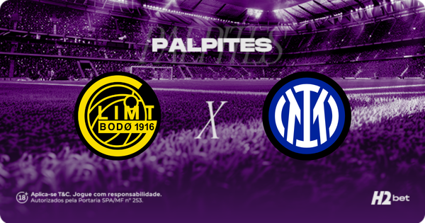 Palpites Bodø/Glimt x Inter de Milão. Banner de apostas esportivas do H2bet exibindo os escudos das equipes em confronto direto, com destaque para previsões e odds de futebol internacional.