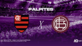 Palpites Flamengo x Ferroviária. Banner de apostas esportivas da H2bet exibindo os escudos das equipes em confronto direto, com destaque para previsões e odds do jogo.