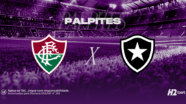 Palpites Fluminense x Botafogo. Banner de apostas esportivas da H2bet para o clássico carioca, exibindo os escudos das equipes em confronto direto, com destaque para previsões e odds de futebol.