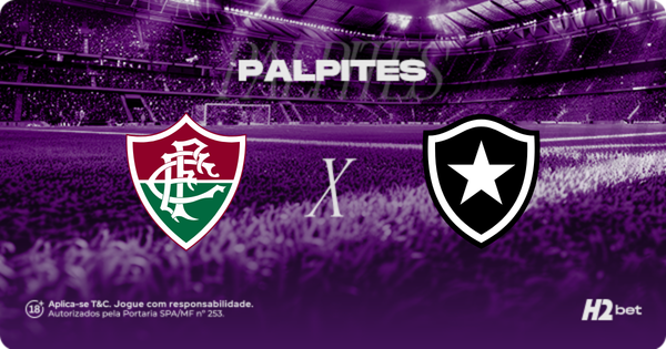Palpites Fluminense x Botafogo. Banner de apostas esportivas da H2bet para o clássico carioca, exibindo os escudos das equipes em confronto direto, com destaque para previsões e odds de futebol.