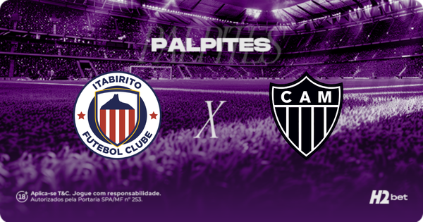 Palpites Itabirito x Atlético-MG. Banner de apostas esportivas da H2bet exibindo os escudos das equipes em confronto direto, com destaque para previsões e odds do jogo.