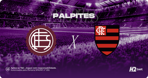 Palpites Lanús x Flamengo. Banner de apostas esportivas da H2bet exibindo os escudos das equipes em confronto direto, com destaque para previsões e odds do jogo.