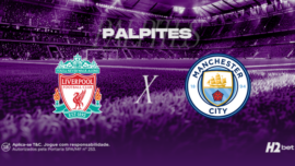 Palpites Liverpool x Manchester City. Banner de apostas esportivas da H2bet para o confronto da Premier League, exibindo os escudos das equipes, com destaque para previsões e odds de futebol internacional.