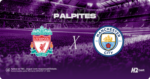 Palpites Liverpool x Manchester City. Banner de apostas esportivas da H2bet para o confronto da Premier League, exibindo os escudos das equipes, com destaque para previsões e odds de futebol internacional.